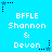 Pixelated blue background with white text reading "BFFLE Shannon & Devon" repeated in a , surrounded by dark blue star and dot patterns