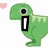 Green pixelated dinosaur with black eye and white mouth stands against white background with small pink heart.