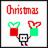 A 4-frame animated contact sheet showing a pixel art character with red and green gift boxes, surrounded by Christmas-themed text on a bright green background.