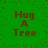 Green background with brown text reading "Hug A Tree" in four identical quadrants, scattered red dots across the surface.