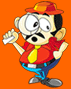 Cartoon character with large eyes, mustache, red shirt, yellow tie, blue pants, and orange cap holding a white object against orange background.