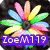 A colorful flower with rainbow petals and a black center appears above a star-shaped figure, with 'ZoeM119' text in purple, pink, and red banners.