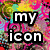 Pixelated text 'my icon' and 'rocks!' on a multicolored pixel-art background with no visible motion.