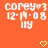 Pixelated orange background with white text 'corey❤️3', '12-19-08', and 'iIy' above two yellow heart icons.
