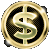 Pixelated circular icon featuring a stylized dollar sign with yin-yang elements inside a golden ring on gray background.