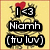 Pixelated yellow background with red heart, black text 'I <3 Niamh (tu luv)', and a smiling stick-figure drawing.