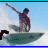 Animated sequence of a surfer on a green board against blue sky, with text evolving from partial letters to 'surf' in dark brown pixelated font.