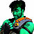 Pixelated green-skinned figure with black hair wears orange and blue shoulder armor holding a yellow and black object against white background