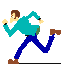 Pixelated character in teal jacket and blue pants running in four sequential poses against gray background.