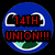 Blue circular icon with white-outlined eyes and light green mouth; one version displays red text "14TH UNION!!!" over the face.