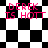 Pixelated text 'DEREK IS HOTT' in pink appears over a black-and-white checkered background with diamond-shaped