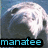 Pixelated image of a white, rounded object with dark patches against a blue background and cyan text reading 'manatee' on black bar.