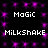Pixelated text displays 'MAGIC' and 'MILKSHAKE' in white on a black background with purple sparkles.