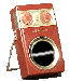 Red rectangular device with metallic accents and circular speaker grille showing animated white waveforms against black background.