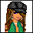 Pixel art buddy icon featuring a female character with long brown hair wearing a black cap and green top, next to blue background text reading 'y look? wen u can touch' in pixelated font.