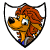 A cartoon lion head in a shield-shaped frame with orange-brown hair, blue eyes, and a brown outfit, transitioning to a shield with a gold crown on red and blue sections.