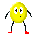 Six pixelated yellow circular figures with black limbs and red feet in various poses against a gray background.