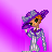 Pixelated character in purple and white outfit with wide-brimmed hat holding a cane, standing against gradient purple background.
