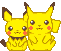 Four pixelated Pikachu icons arranged in a , each showing two yellow Pokémon with brown-tipped ears and cheeks against a gray background