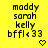Yellow background with black pixelated text listing names and 'bffl<33', two identical heart icons at bottom right.