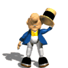 Animated character in blue jacket and yellow shirt performs hat-raising motion