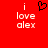 Red background with white text 'i love alex' and a black pixelated heart symbol above the text, displayed in two identical side-by-side