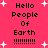 Pixelated text 'Hello People Of Earth' with exclamation marks on a pink background, surrounded by white starbursts.
