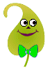 Green leaf-shaped character with curved stem, large white eyes with black pupils, purple mouth, green bow tie; left side shows full smile, right side has partial text on bow tie.