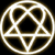 Static circular icon with a white geometric pattern on dark brown background, featuring interconnected shapes and central void.