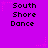Pixelated text 'South Shore Dance' repeated in six identical positions on a solid purple background with scattered pink star shapes