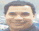 four pixelated images showing a person with short dark hair and a light blue background with white shapes, each with distinct text overlays
