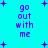 Cyan background with purple text 'go out with me' and scattered purple plus signs, some frames show pixelated text variations.