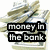 Stack of US dollar bills with overlaid text reading 'money in the bank' and 'dollar' in black boxes.