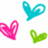 A static image of multiple hand-drawn heart shapes in cyan, pink, and green on a white background with one gray square.