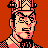 Pixelated 48x48 static icon of a character with pink and black checkered patterns, wearing a crown-like headpiece against an orange background.