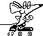 Pixelated black-and-white animation of a winged figure on roller skates performing four distinct poses against gray background.