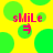 Pixelated green circles on a yellow background with pink text 'smile' and a downward arrow symbol.