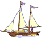 Pixelated sailing ship with two masts, white sails, brown hull, and purple flags on masts, displayed in a of nine views