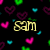 Animated icon with black background, colorful heart shapes in pink, purple, green, and cyan, and text elements 'sam', 'lcl', 'sutton', '2/15/08' displayed in various colors.