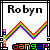 Two side-by-side pixel art display 'Robyn' text above a rainbow wave, with 'danger!' below; left has black border and red vertical bar, right has red border