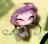 Animated cartoon character with purple hair in a bun, closed eyes, and pink cheeks on light green background.