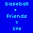 Pixelated blue background with green and white text showing 'baseball + Friends = life' in multiple