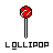 Pixelated red lollipop with white checkered pattern on top, black outline, and silver-gray stick against gray background; text below reads 'LOLLIPOP' in blocky font.