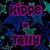 Pixelated image with purple text 'Kippe' and 'Tally', a green star, and a pink heart on dark blue background.