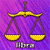 A pixelated animated contact sheet showing two frames of a Libra zodiac icon with golden scales, 'HARMONY' text, and 'Libra' label on purple background.