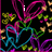 Animated icon with colorful heart outlines and text changing from 'i' to 'i <3' to 'you' against a black background with small yellow and green shapes.