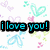 Pixelated icon with 'i love you!' text in cyan on black blocks, surrounded by pastel hearts and sparkles.