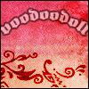 Red-toned pixelated image with arched text reading 'voodoo doll' above decorative red scrollwork on a gradient background.