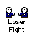 Pixel art character in blue shirt with white face and black outline, two poses shown below text reading 'Loser Fight' on gray background.