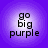 Four circular purple icons with white gradients display the text 'go big purple' in black pixelated font, arranged in a